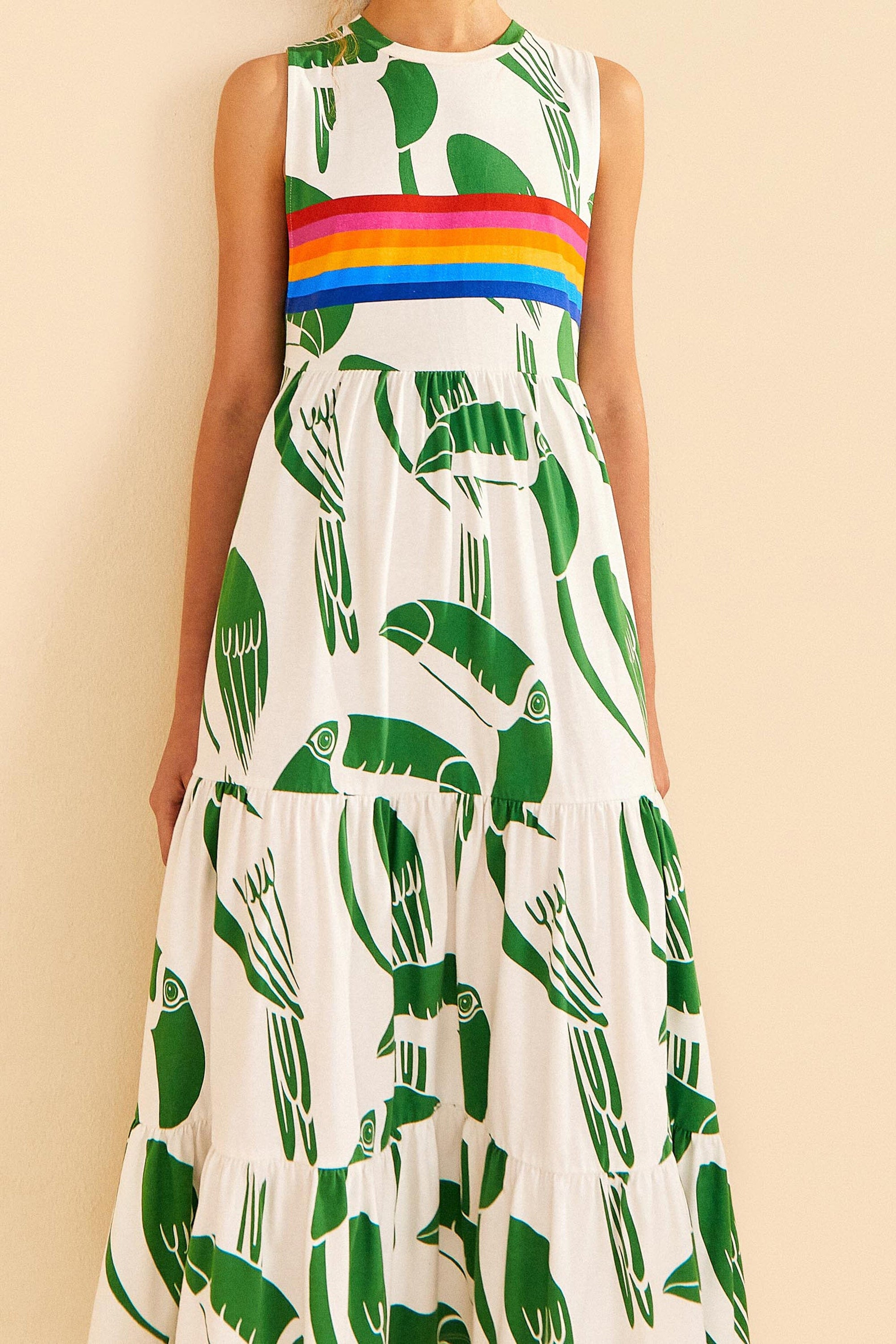 Robe midi Arc-en-ciel toucans en coton - Vert