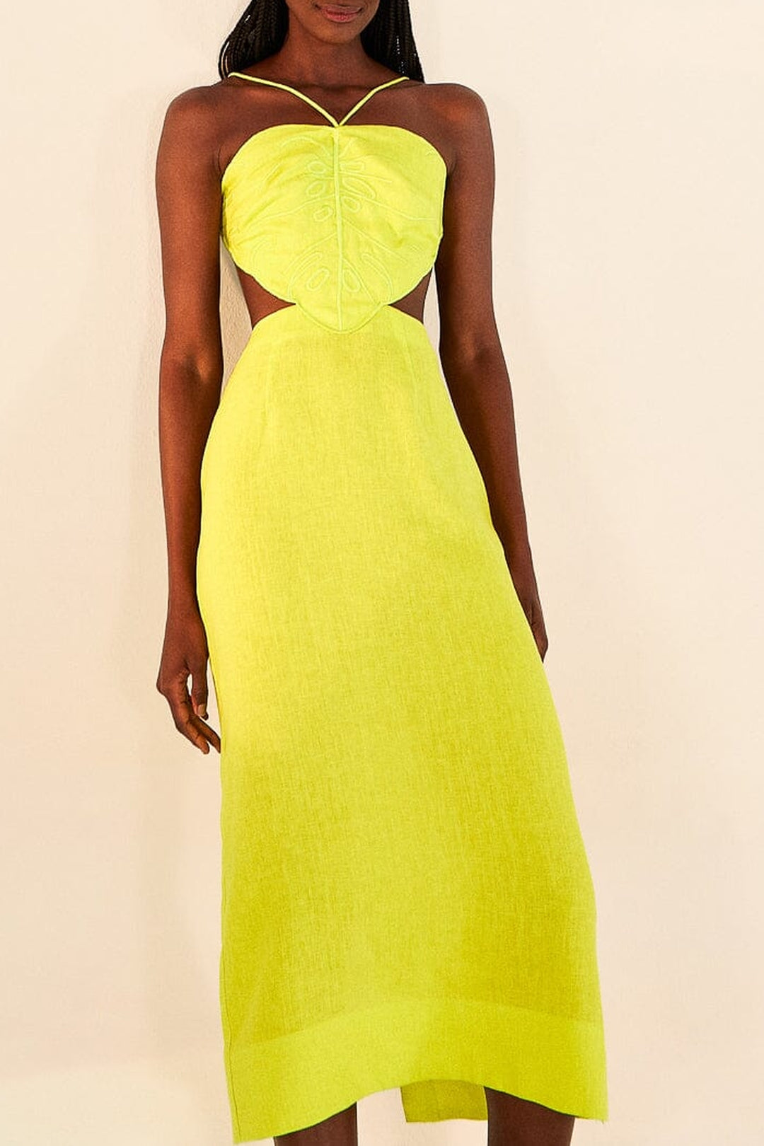 Robe midi Monstera citron en lin - Jaune