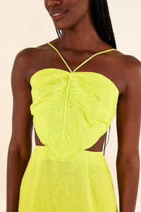Robe midi Monstera citron en lin - Jaune