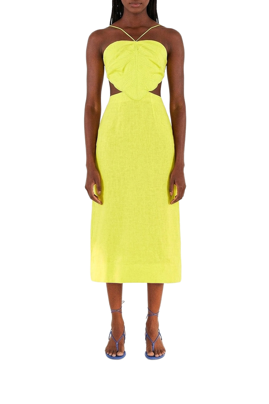 Robe midi Monstera citron en lin - Jaune
