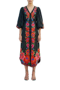 Robe midi Eng Blooming Garden en lin - Noir