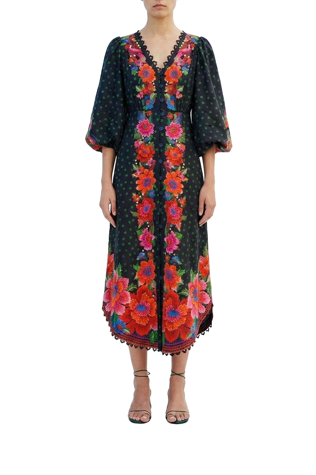Robe midi Eng Blooming Garden en lin - Noir