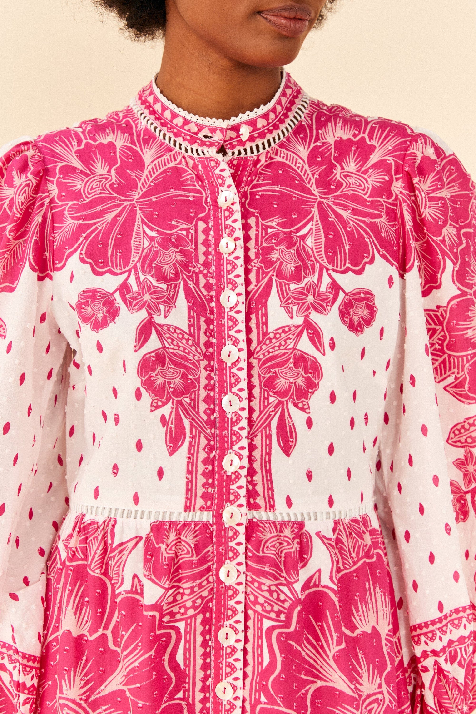 Robe longue Tropicale Woodcut en coton - Rose