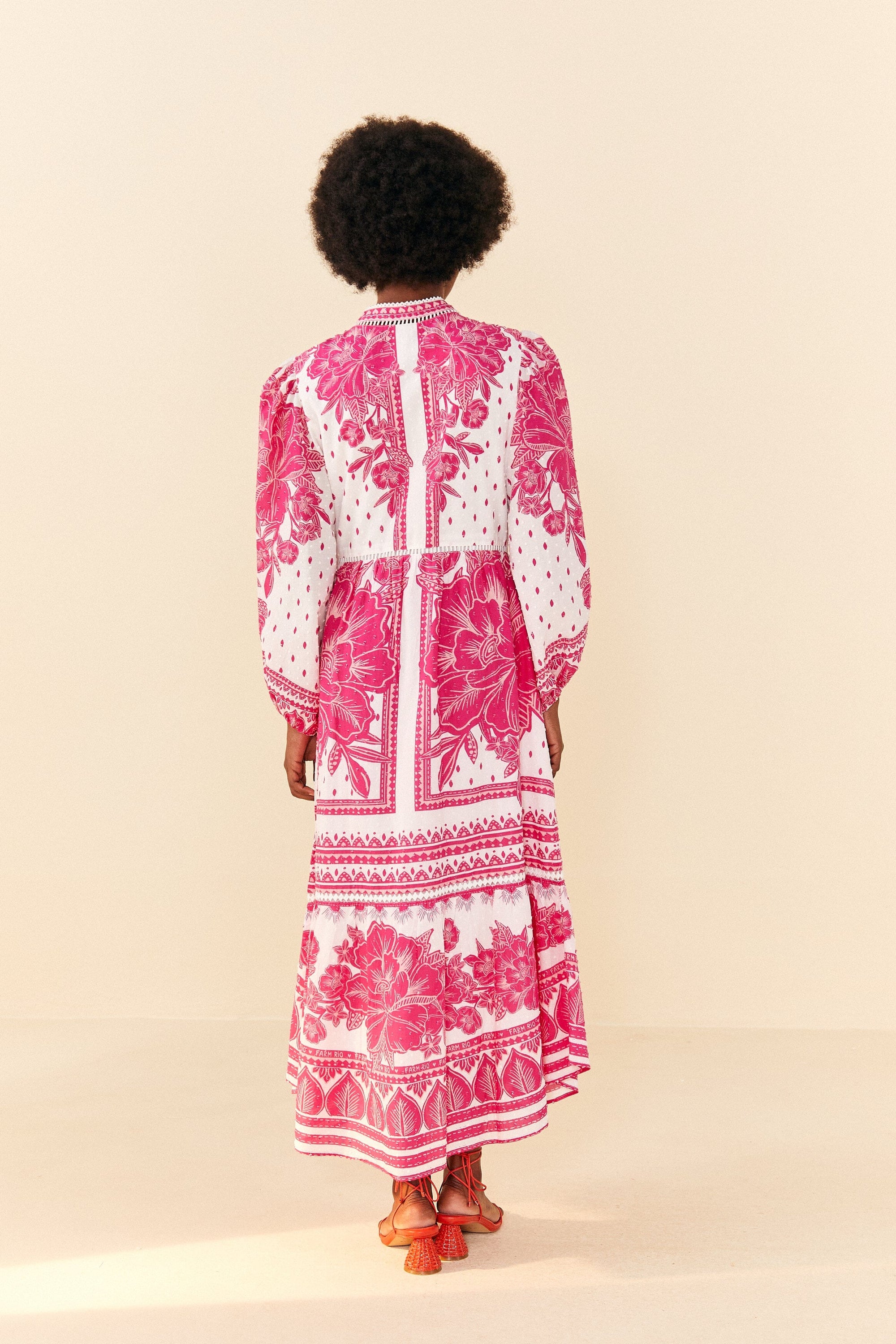 Robe longue Tropicale Woodcut en coton - Rose