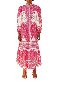 Robe longue Tropicale Woodcut en coton - Rose