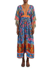 Robe midi caftan Pineapple Garden - Bleu