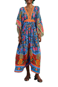 MEDIA OFF LINE_Robe longue caftan Jardin Ananas - Bleu