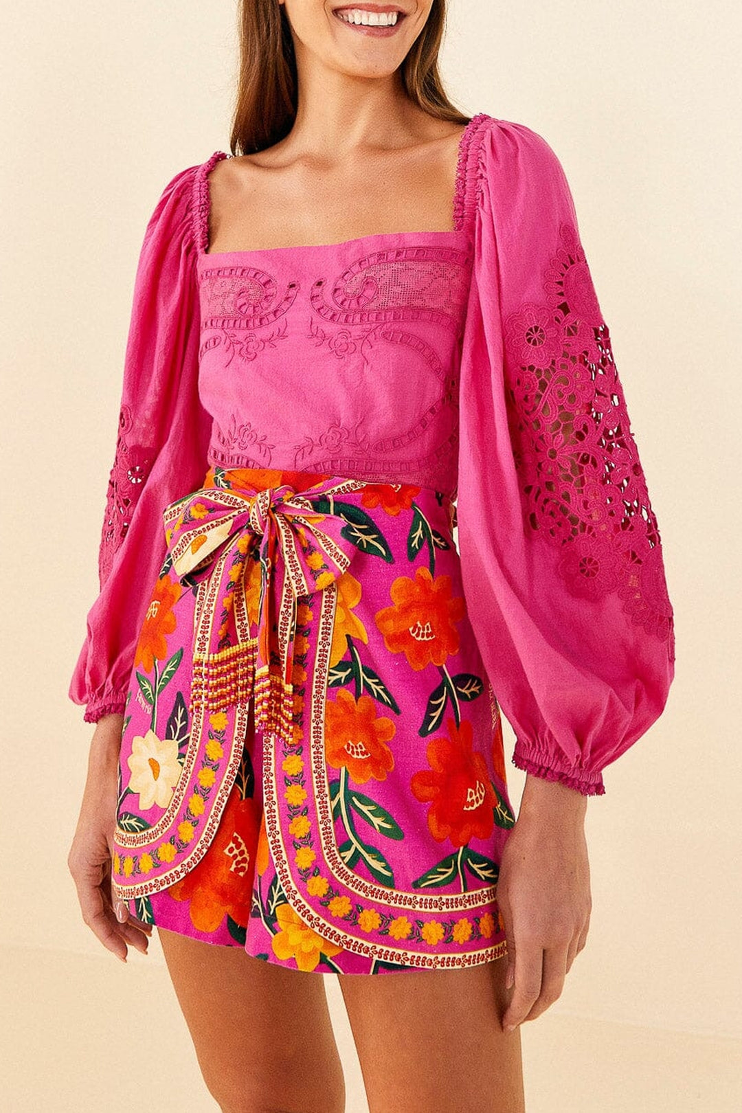 Blouse Lace à manches bouffantes - Rose