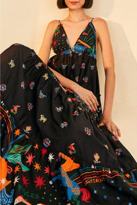 MEDIA OFF LINE_Robe longue brodée Zodiac en coton - Noir