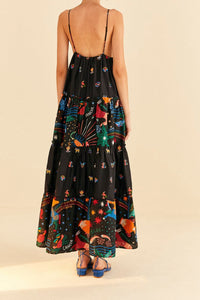 Zodiac embroidered midi dress in cotton - Black