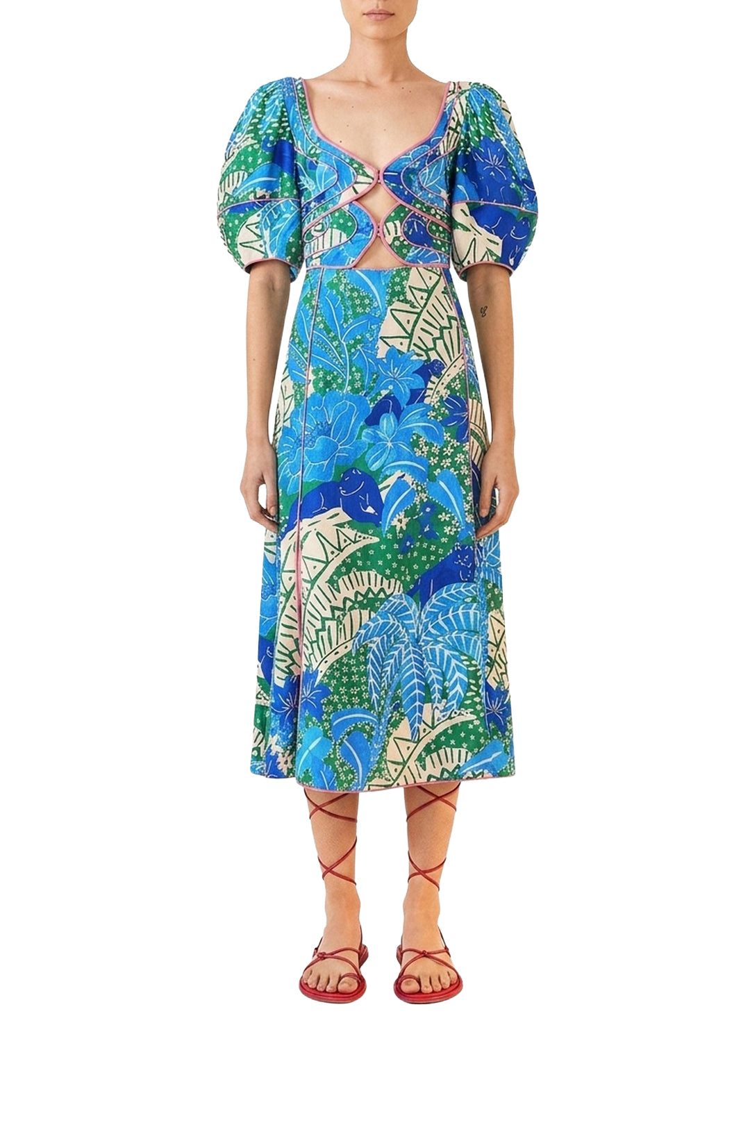 Robe midi Jungle Panther en lin - Bleu