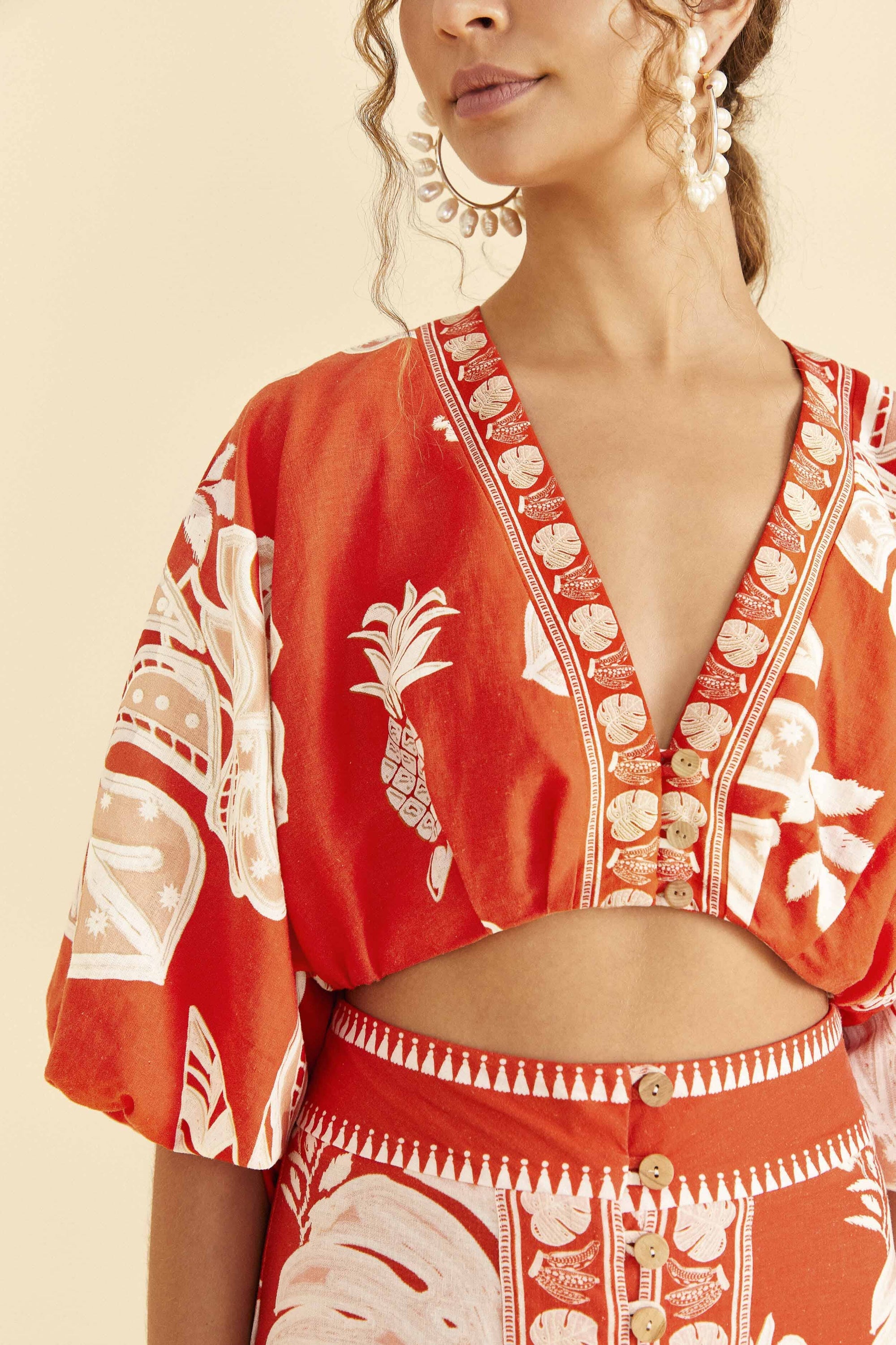 Top court Lace Monsteras en lin - Rouge