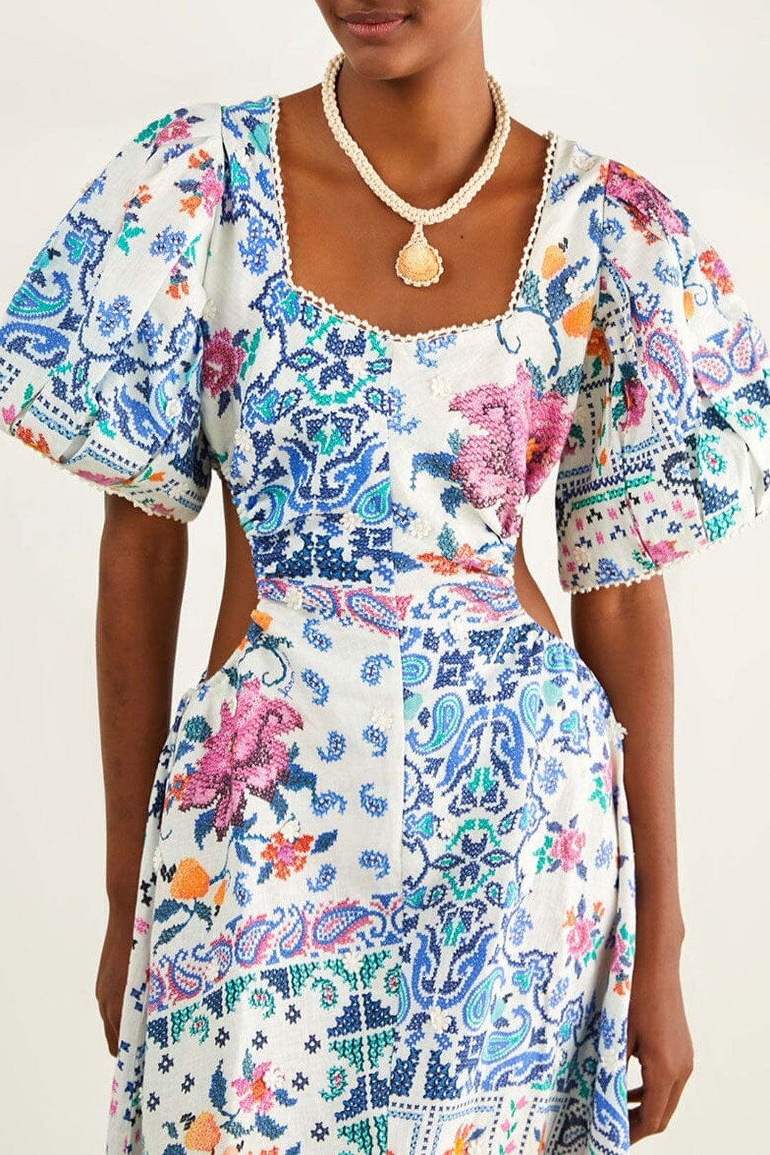 Robe midi Romantic Bandanas en lin - Blanc