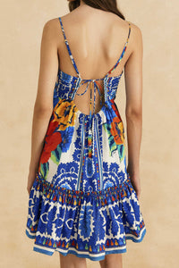 Flower Tapestry short dress - Blue