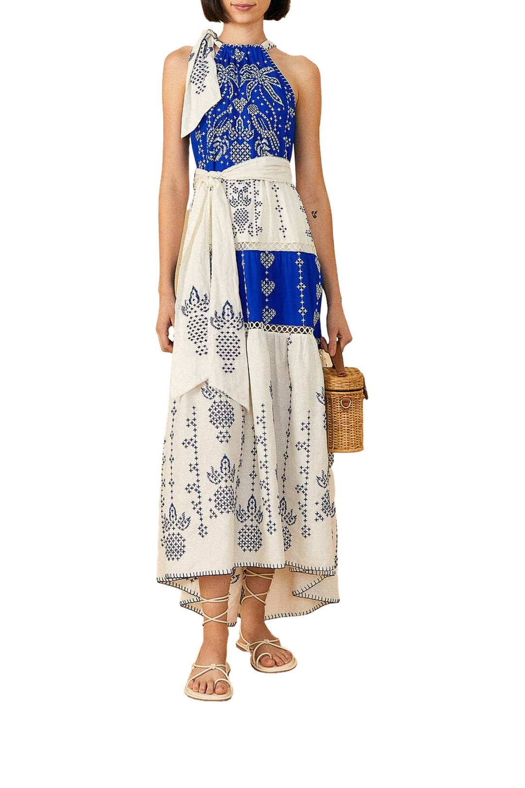 Robe longue Jungle brodée en lin - Bleu