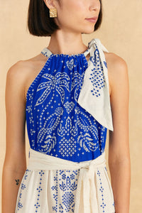 Robe longue Jungle brodée en lin - Bleu