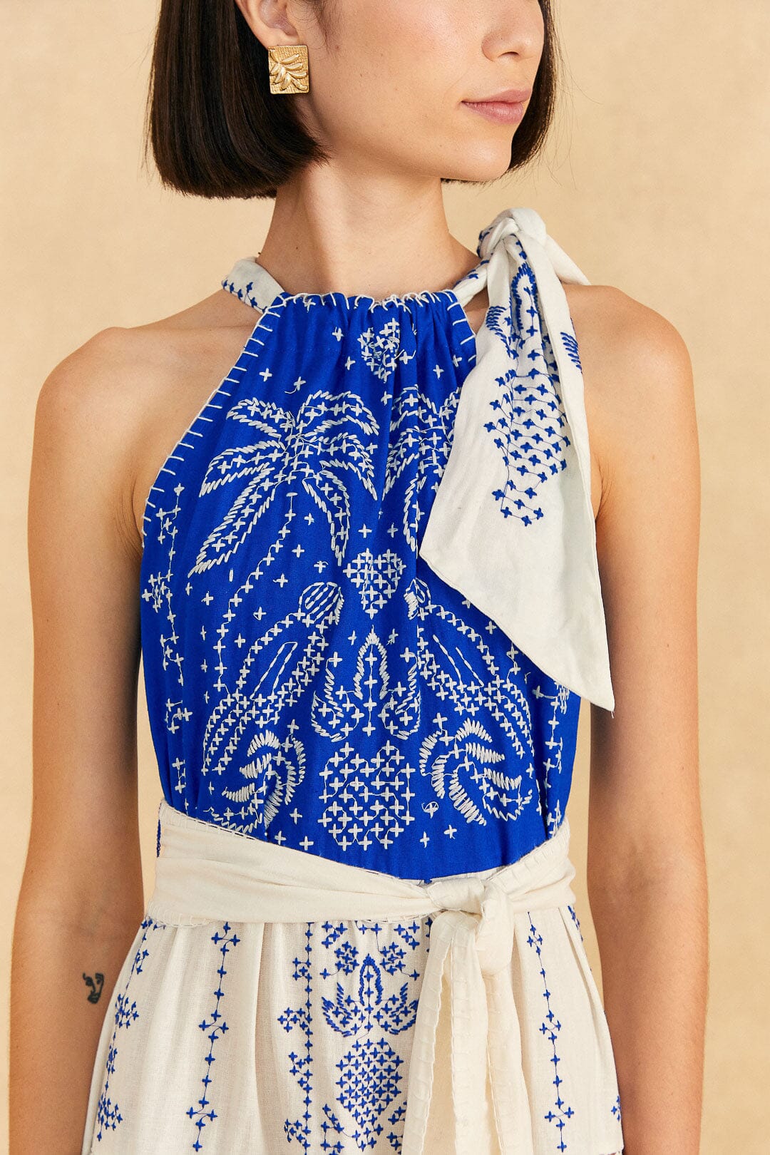 Robe longue Jungle brodée en lin - Bleu