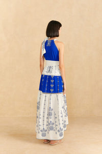Robe longue Jungle brodée en lin - Bleu
