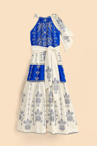 Robe longue Jungle brodée en lin - Bleu