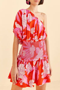 Robe courte Dewdrop Floral en lin - Rouge