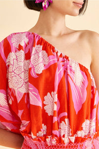 Robe courte Dewdrop Floral en lin - Rouge