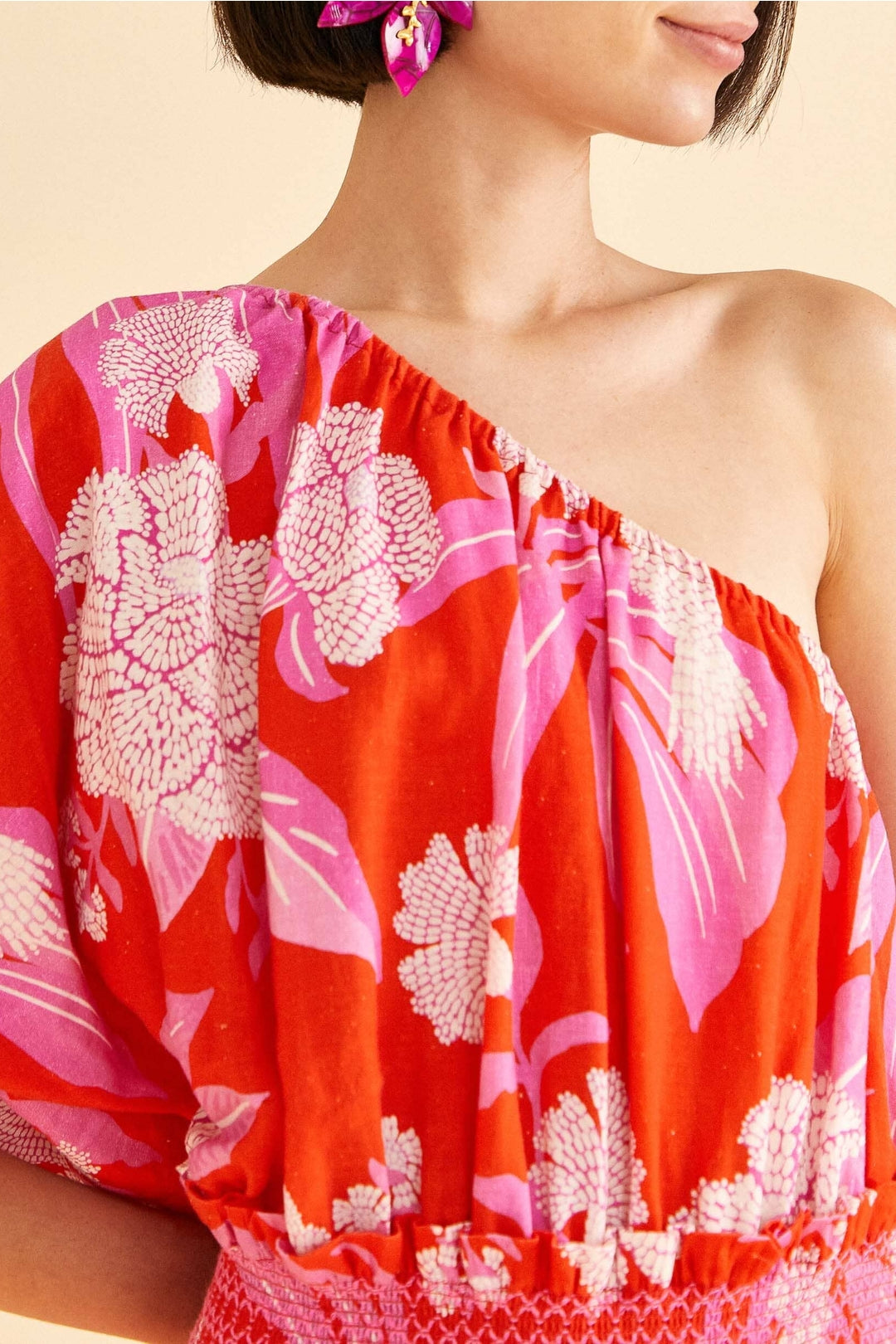 Robe courte Dewdrop Floral en lin - Rouge
