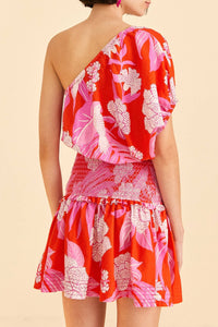 Robe courte Dewdrop Floral en lin - Rouge
