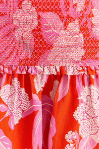 Robe courte Dewdrop Floral en lin - Rouge