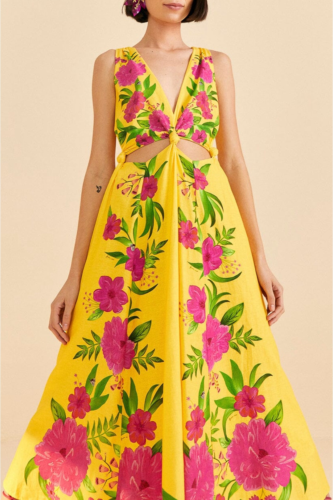 Robe midi Romantic Garden en lin - Jaune