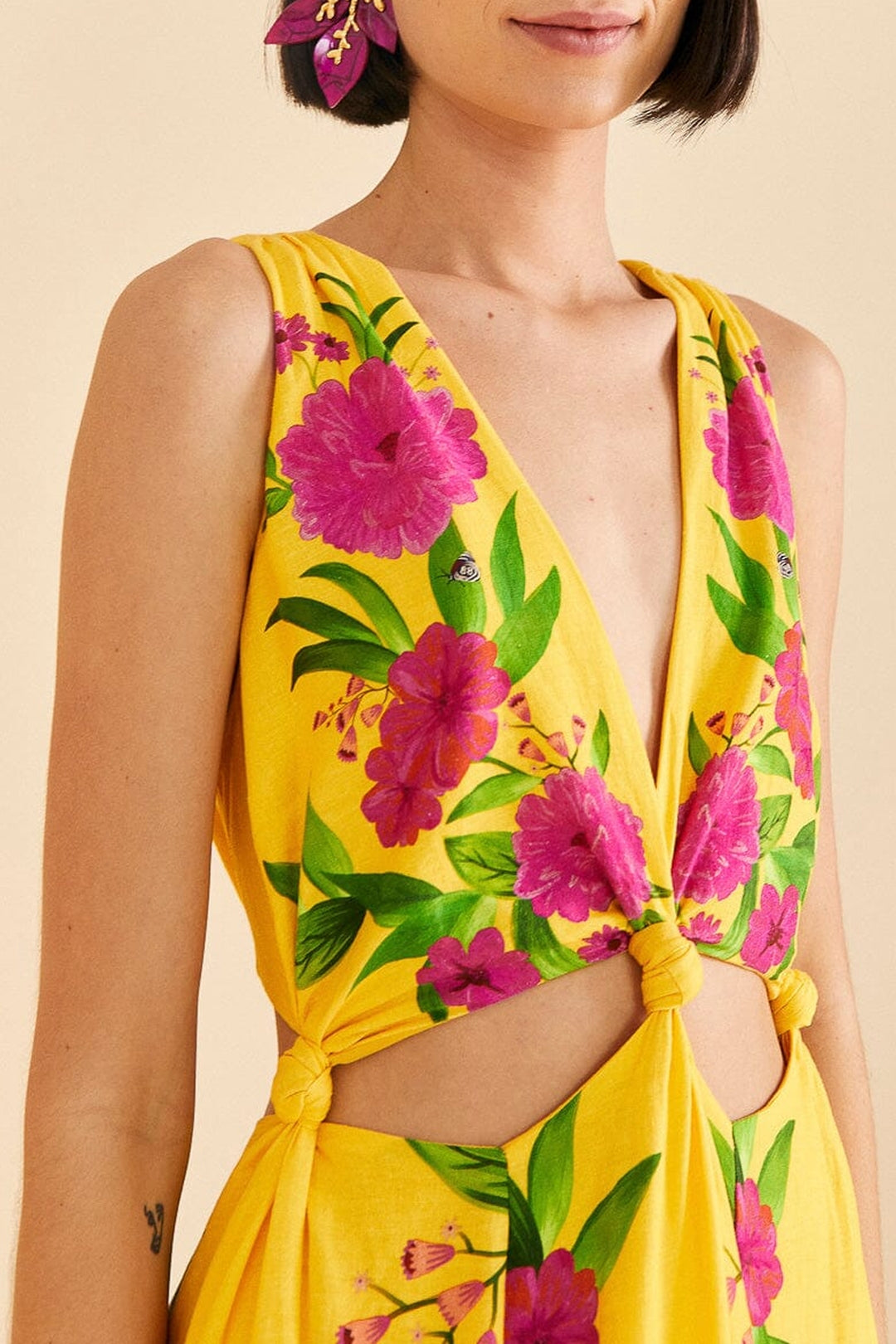 Robe midi Romantic Garden en lin - Jaune