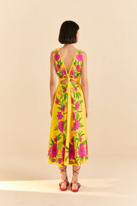 Robe midi Romantic Garden en lin - Jaune