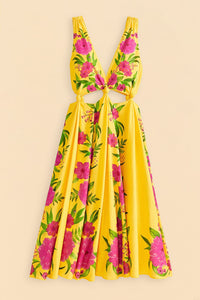 Robe midi Romantic Garden en lin - Jaune