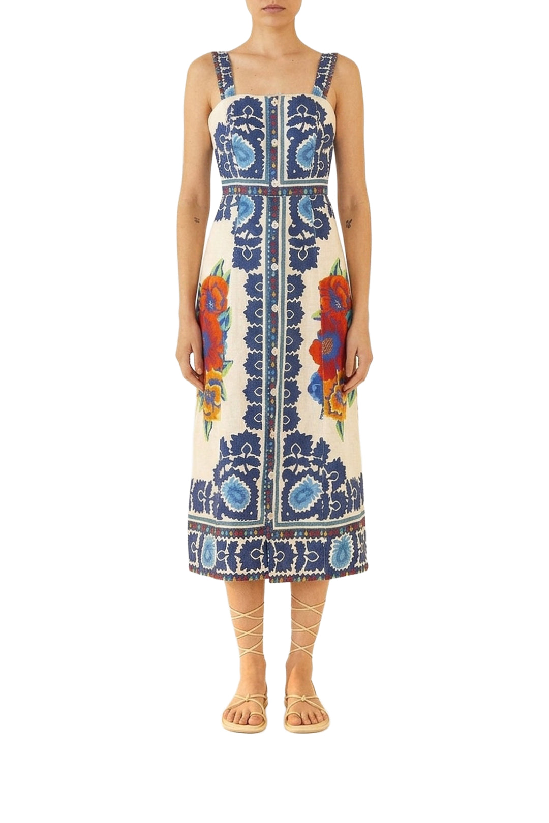 Robe midi Flower Tapestry en lin - Bleu