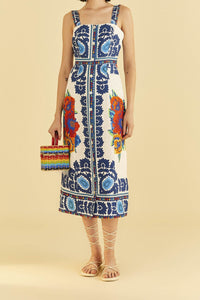 Robe midi Flower Tapestry en lin - Bleu