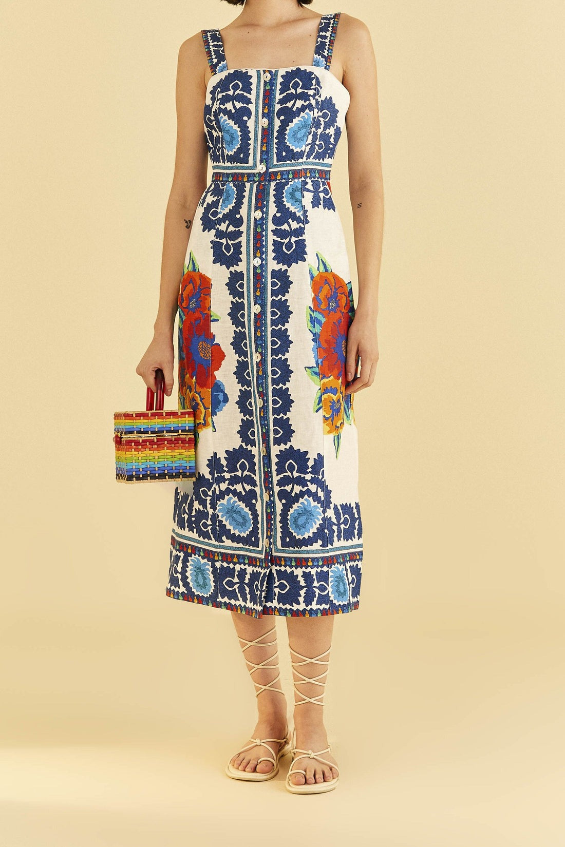 Robe midi Flower Tapestry en lin - Bleu