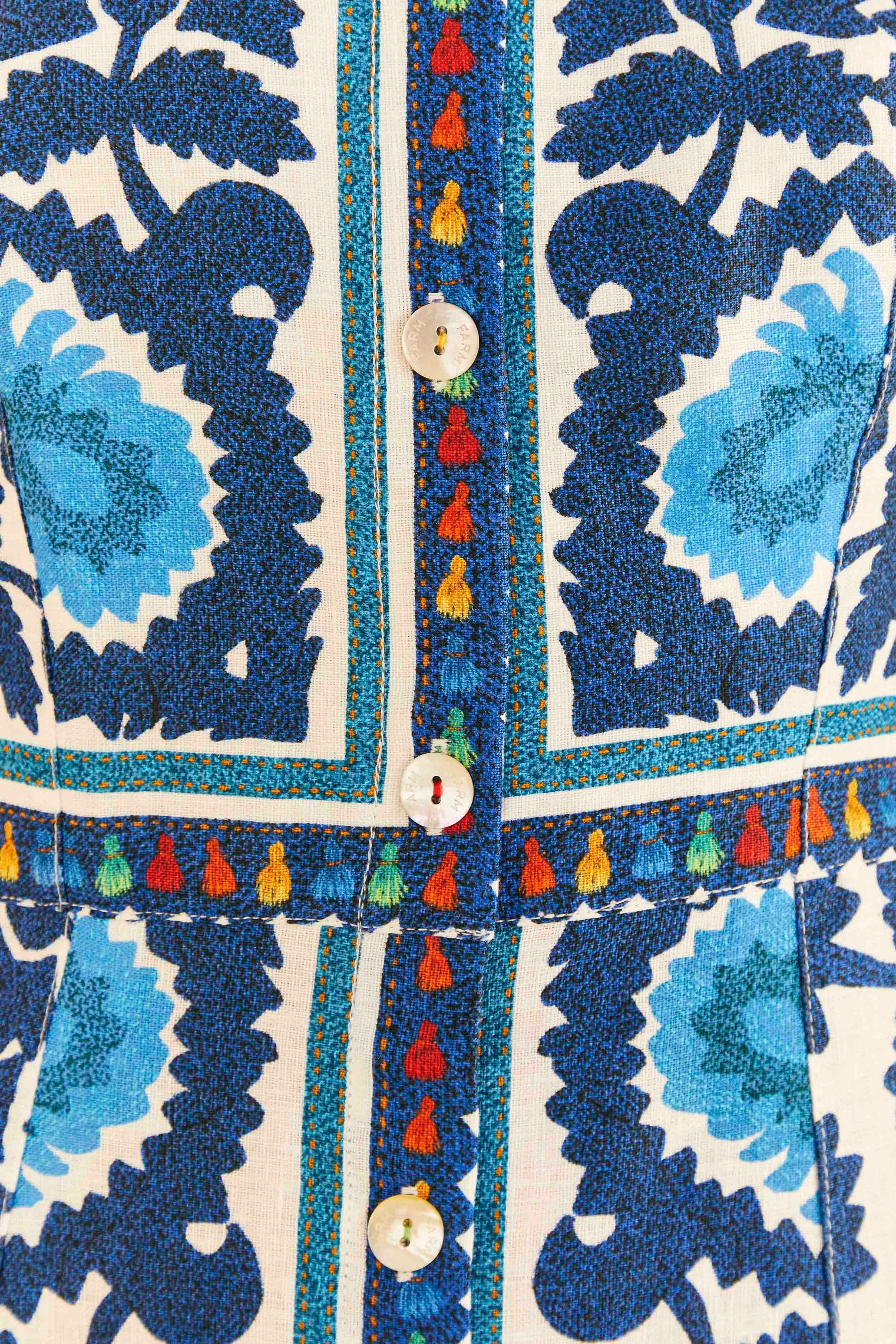 Robe midi Flower Tapestry en lin - Bleu