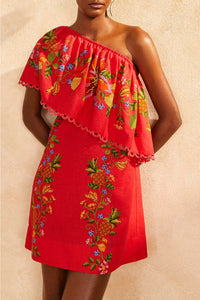 Robe courte Tropical Romance en lin - Rouge