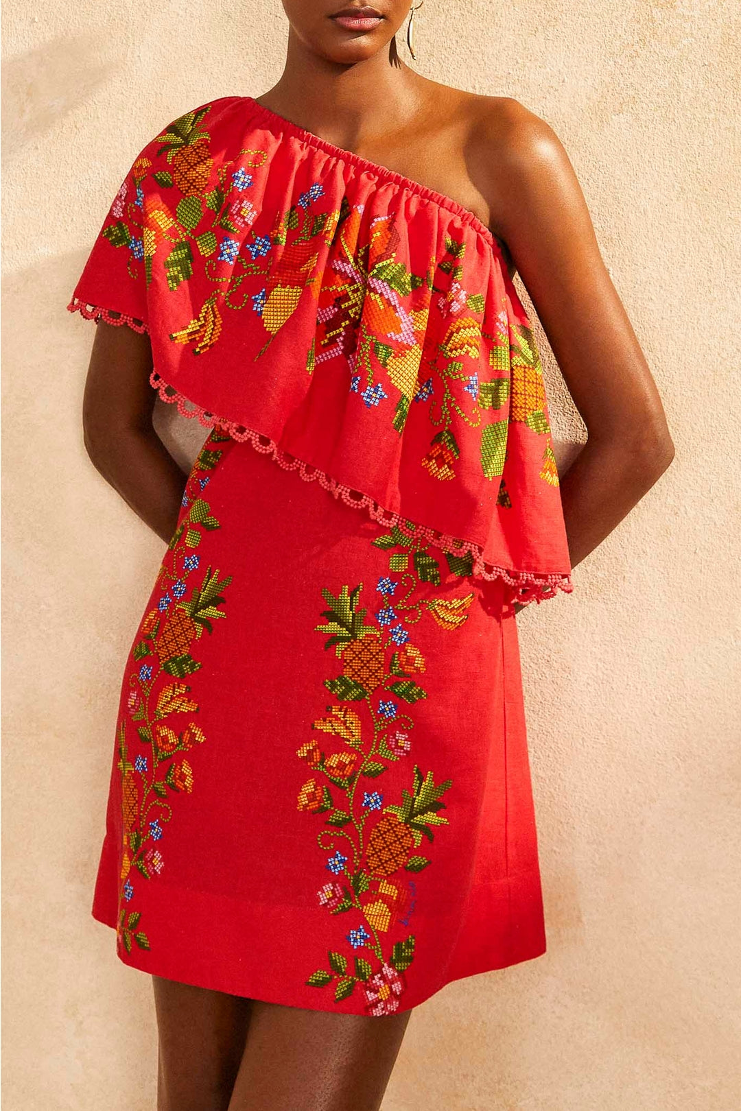 Robe courte Tropical Romance en lin - Rouge