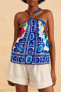 Blouse Flower tapestry en lin - Bleu