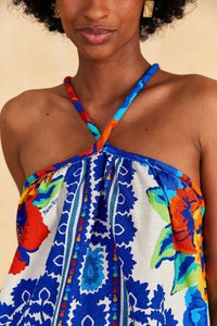Blouse Flower tapestry en lin - Bleu