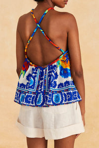 Blouse Flower tapestry en lin - Bleu