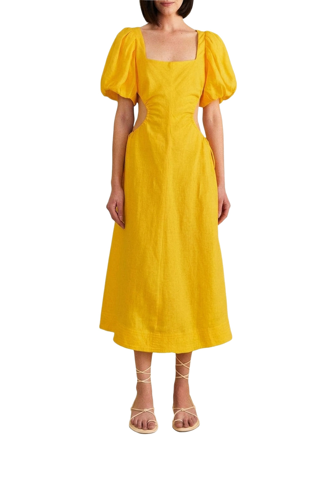 Robe longue à découpes en lin - Jaune