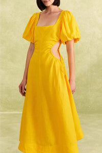 Robe longue à découpes en lin - Jaune