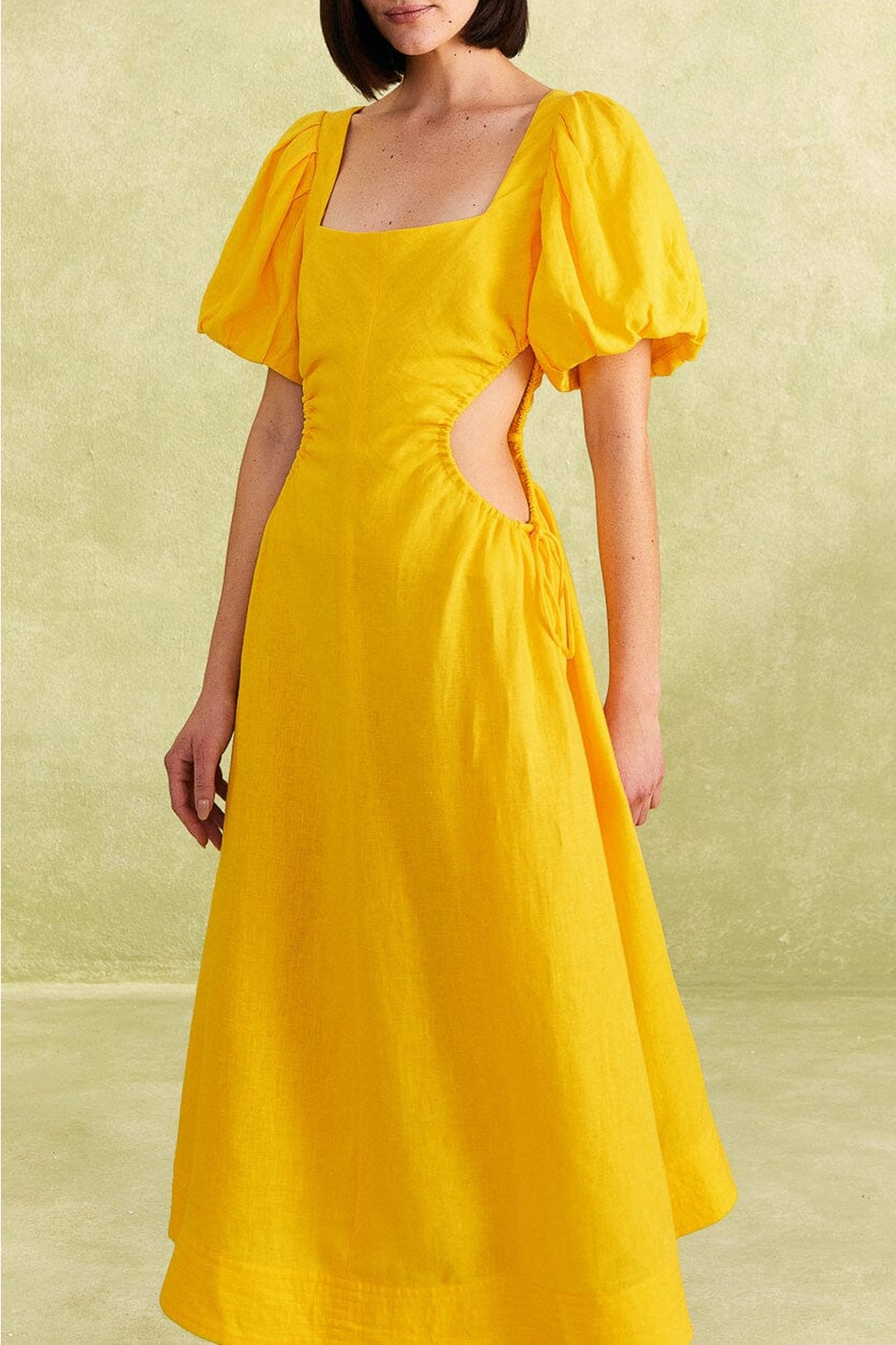 Robe longue à découpes en lin - Jaune