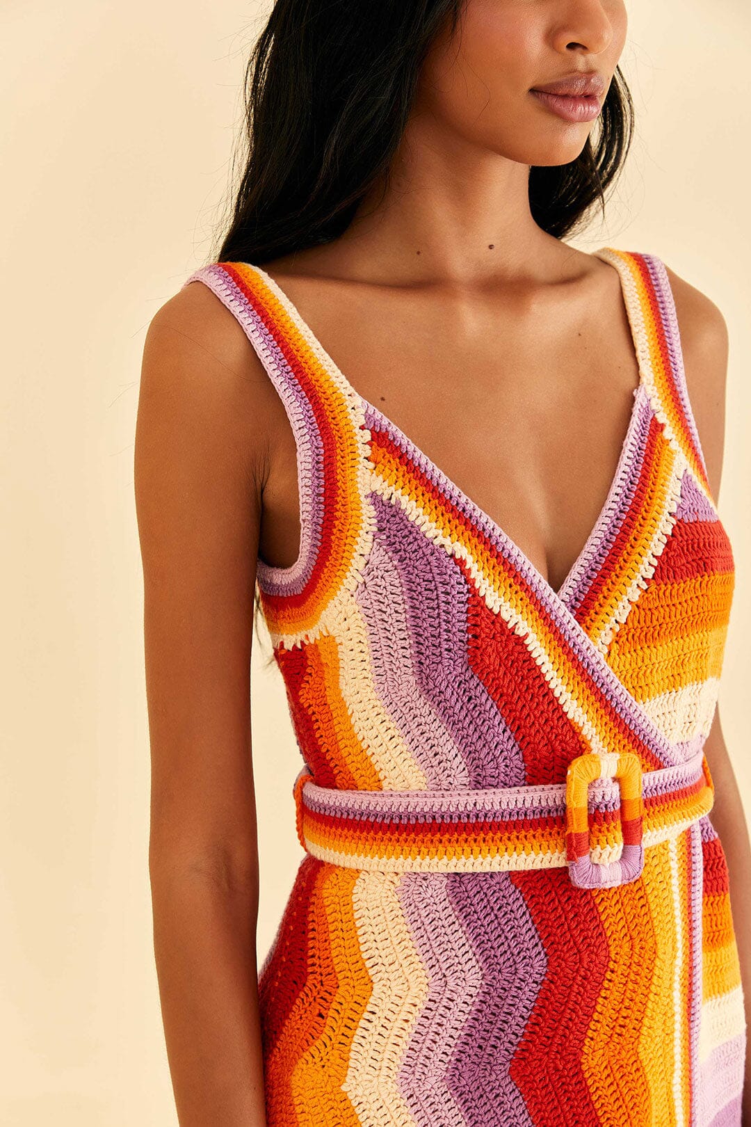 Robe courte à rayures en crochet - Orange