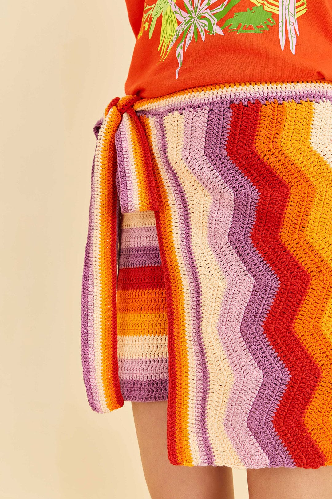 Jupe courte crochetée à rayures multiples en coton - Orange