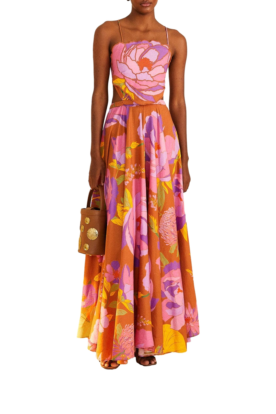 Robe longue brodée Flower Top en lin - Marron