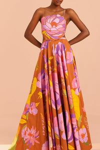 Robe longue brodée Flower Top en lin - Marron