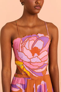 Robe longue brodée Flower Top en lin - Marron