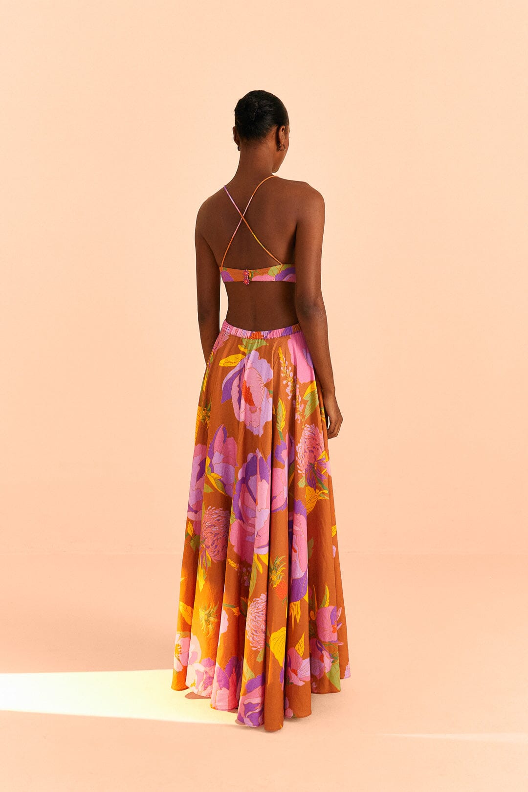 Robe longue brodée Flower Top en lin - Marron